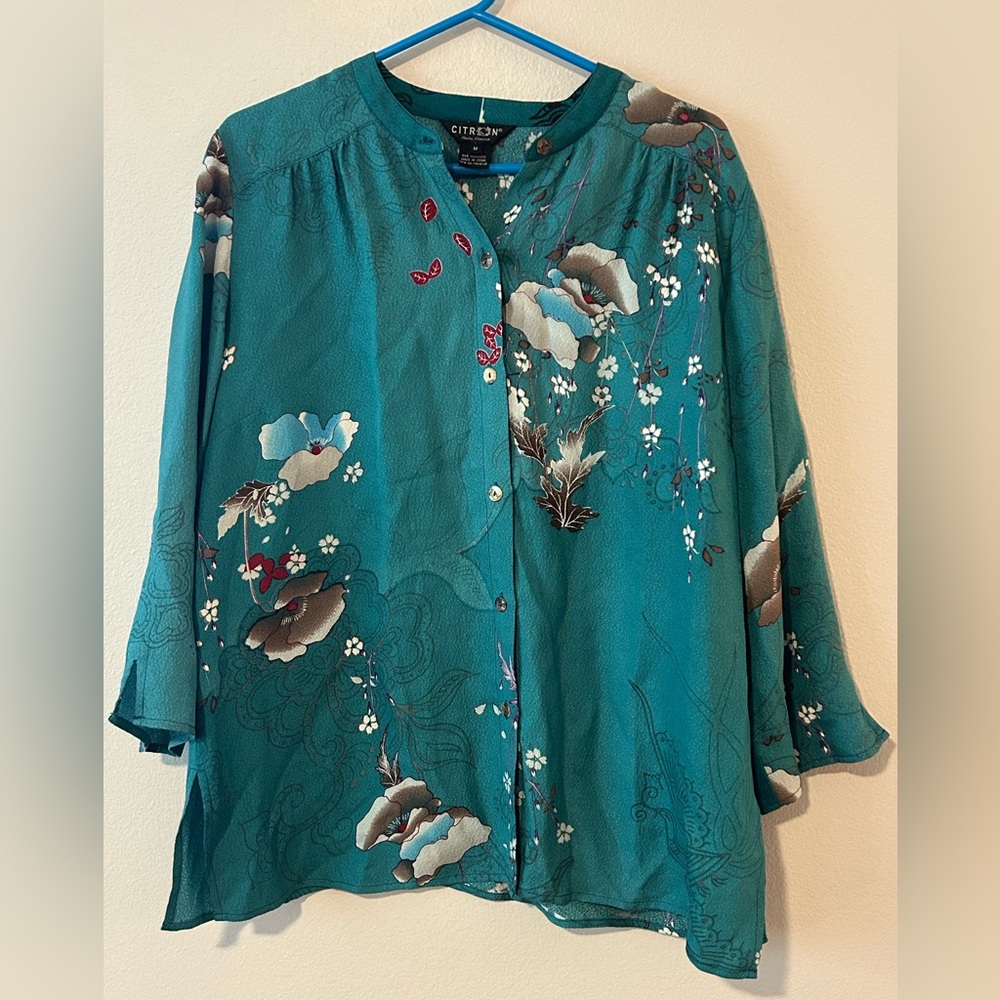 Citron Santa Monica Designer 100% Silk Asian Print Flowy Teal Blouse - M